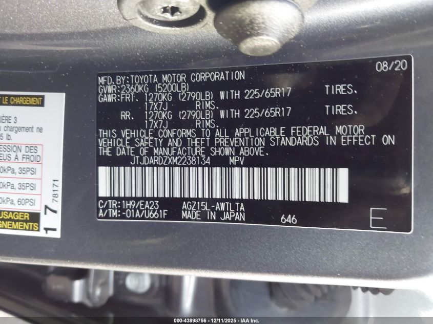 2021 Lexus Nx 300 VIN: JTJDARDZXM2238134 Lot: 43898756