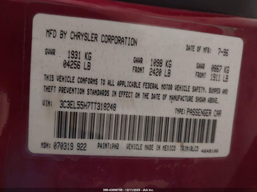 1996 Chrysler Sebring Jxi VIN: 3C3EL55H7TT318248 Lot: 43898759