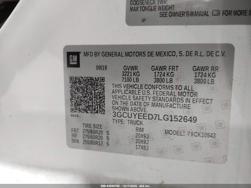 2020 Chevrolet Silverado 1500 4Wd Short Bed Rst VIN: 3GCUYEED7LG152649 Lot: 43898765