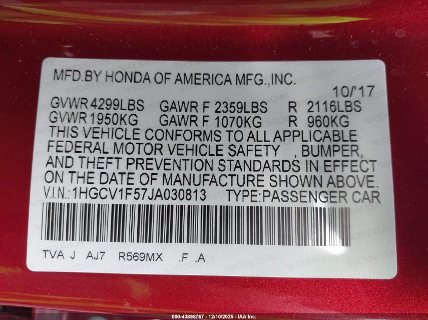 2018 Honda Accord Ex-L VIN: 1HGCV1F57JA030813 Lot: 43898767