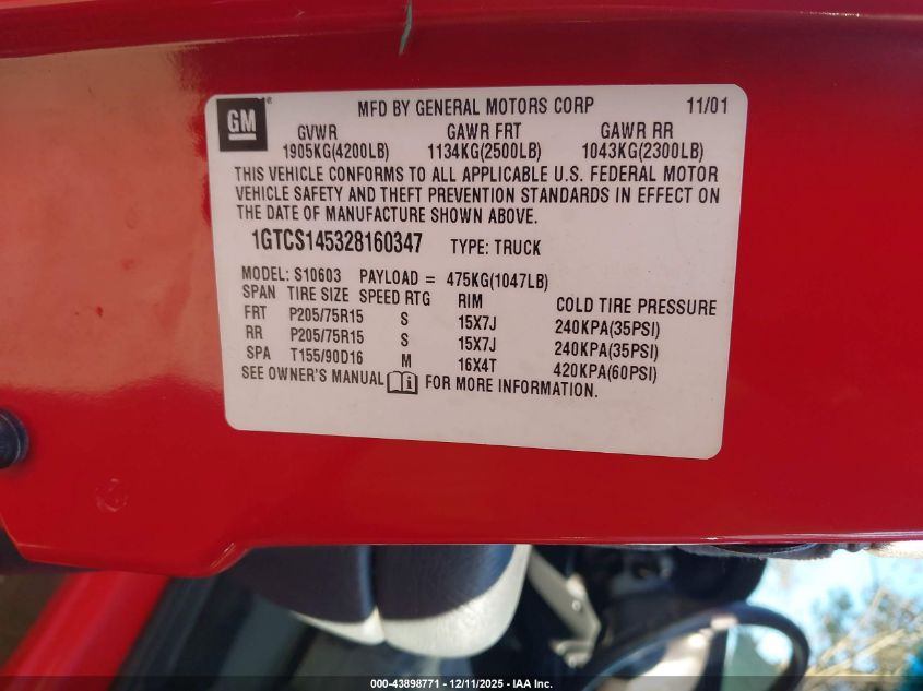 2002 GMC Sonoma Sls VIN: 1GTCS145328160347 Lot: 43898771