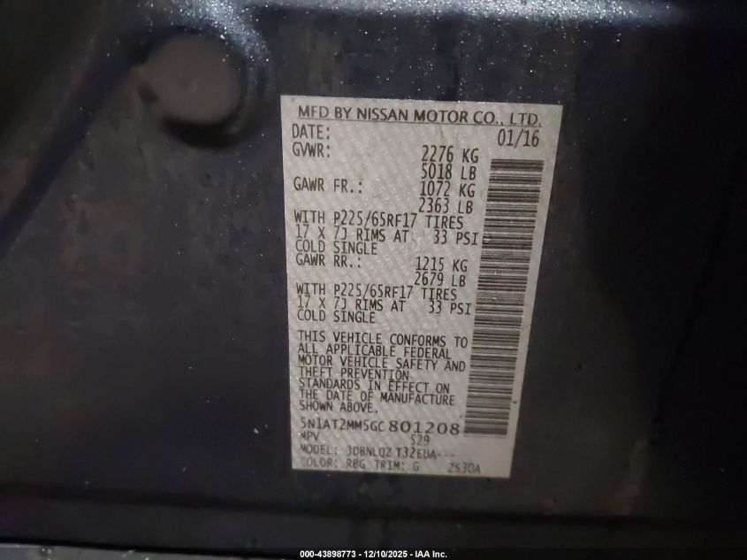 2016 Nissan Rogue Sv VIN: 5N1AT2MM5GC801208 Lot: 43898773