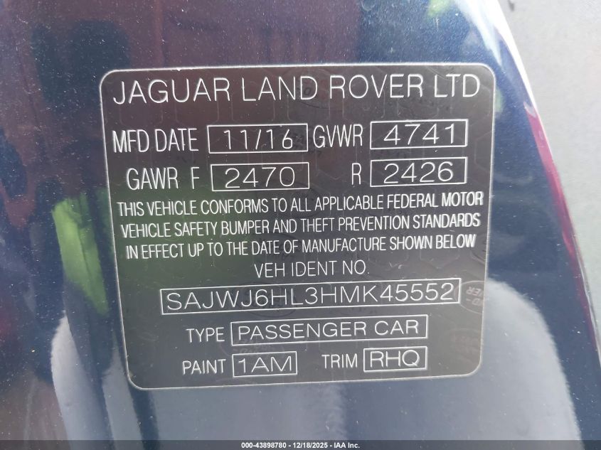 2017 Jaguar F-Type R VIN: SAJWJ6HL3HMK45552 Lot: 43898780