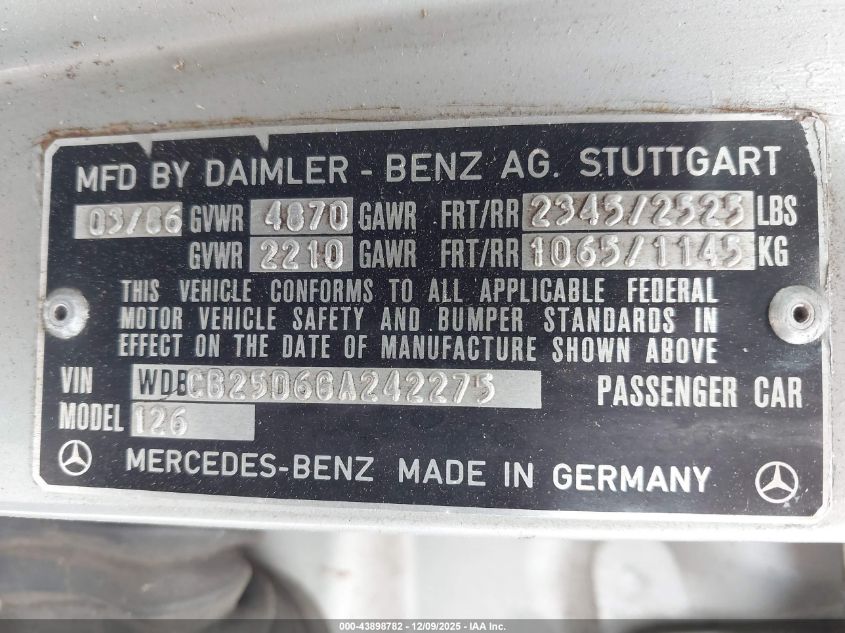 1986 Mercedes-Benz 300 Sdl VIN: WDBCB25D6GA242275 Lot: 43898782