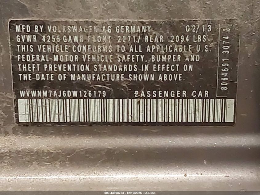 2013 Volkswagen Golf 2.0L Tdi 4-Door VIN: WVWNM7AJ6DW126179 Lot: 43898783