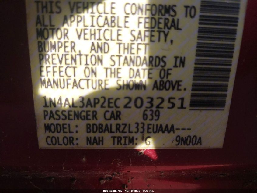 2014 Nissan Altima 2.5 S VIN: 1N4AL3AP2EC203251 Lot: 43898787