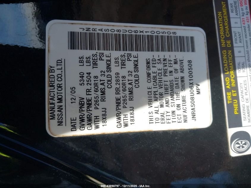 2006 Infiniti Fx35 VIN: JNRAS08U06X100508 Lot: 43898797