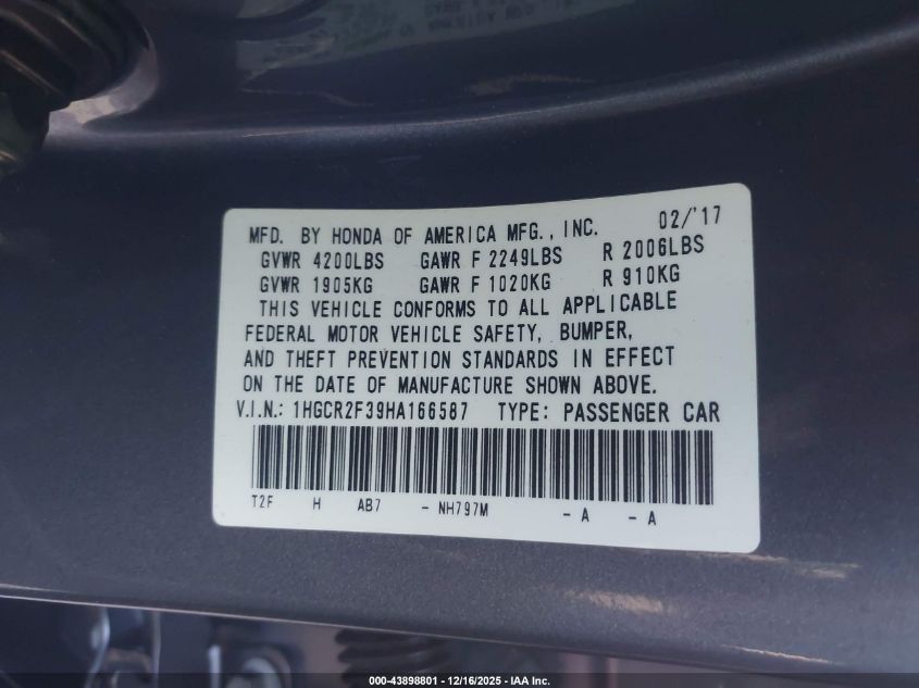 2017 Honda Accord Lx VIN: 1HGCR2F39HA166587 Lot: 43898801