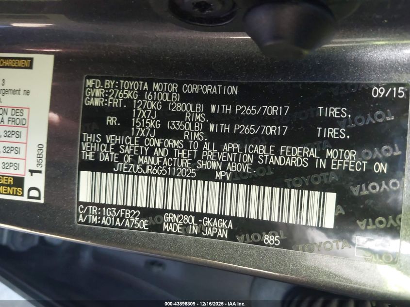 2016 Toyota 4Runner Sr5 VIN: JTEZU5JR6G5112025 Lot: 43898809