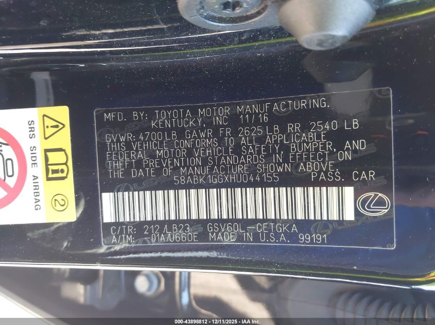 2017 Lexus Es 350 VIN: 58ABK1GGXHU044155 Lot: 43898812