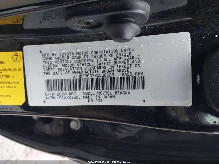 2002 Lexus Es 300 VIN: JTHBF30G725030123 Lot: 43898813