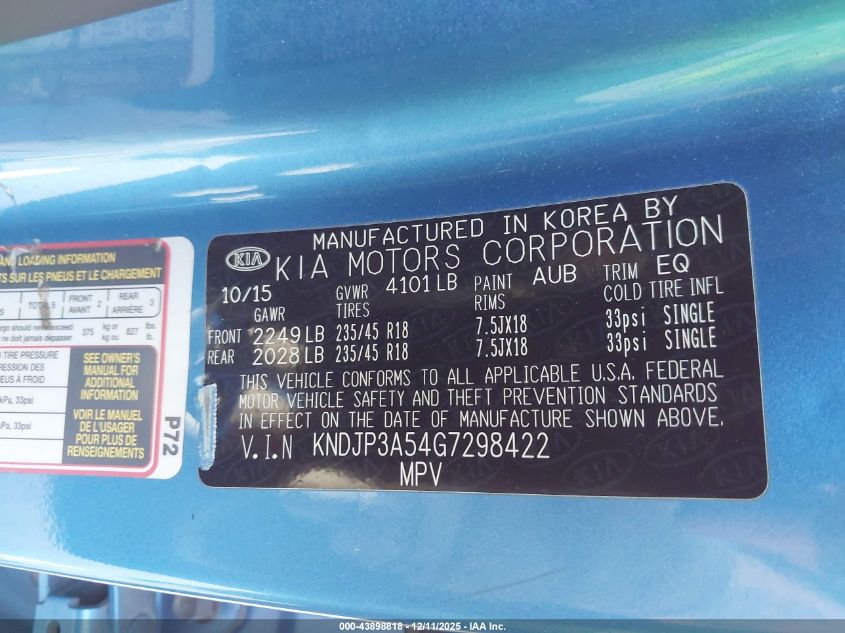 2016 Kia Soul + VIN: KNDJP3A54G7298422 Lot: 43898818