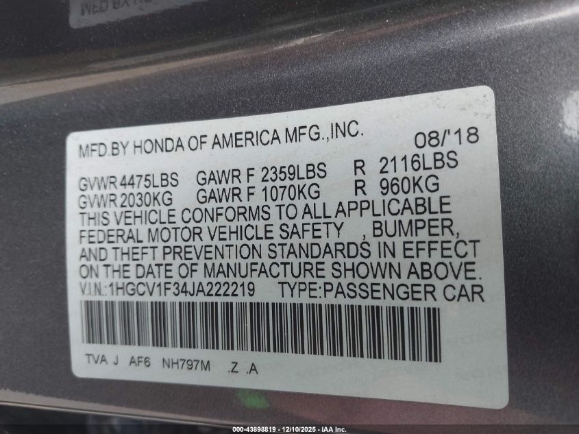 2018 Honda Accord Sport VIN: 1HGCV1F34JA222219 Lot: 43898819