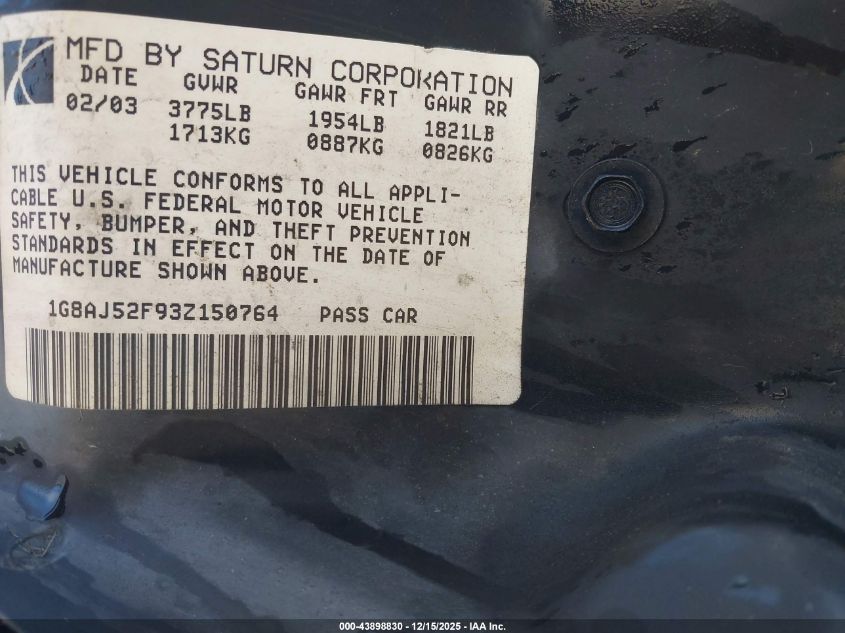 2003 Saturn Ion 2 VIN: 1G8AJ52F93Z150764 Lot: 43898830