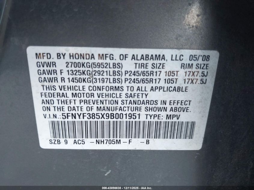 2009 Honda Pilot Ex-L VIN: 5FNYF385X9B001951 Lot: 43898838