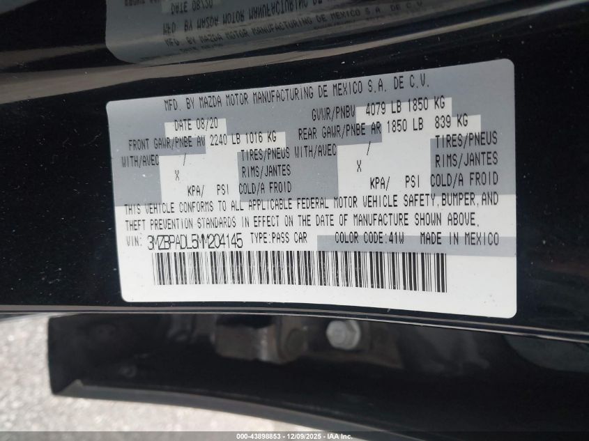 2021 Mazda Mazda3 Premium VIN: 3MZBPADL5MM204145 Lot: 43898853