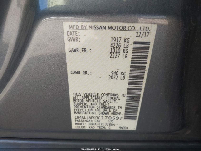 2018 Nissan Altima 2.5 S VIN: 1N4AL3AP0JC170597 Lot: 43898858