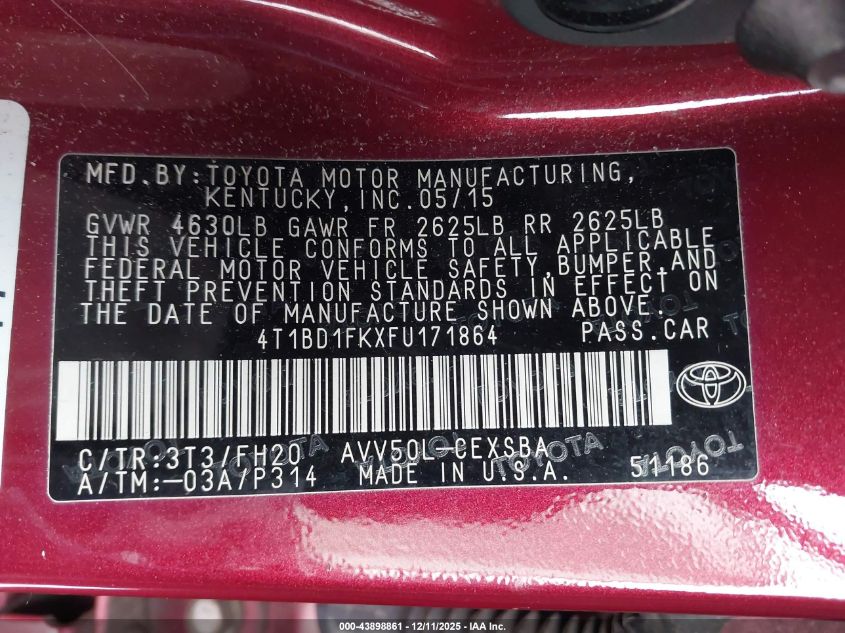 2015 Toyota Camry Hybrid Se VIN: 4T1BD1FKXFU171864 Lot: 43898861