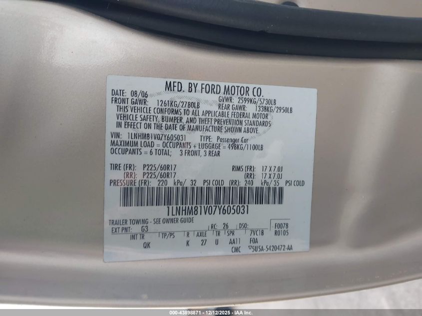 2007 Lincoln Town Car VIN: 1LNHM81Z07Y605031 Lot: 43898871