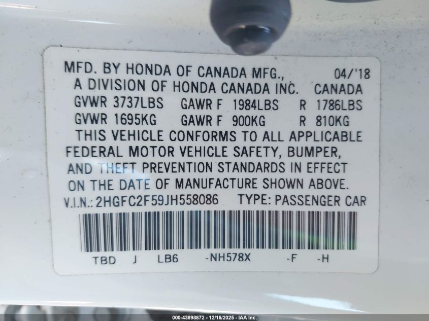 2018 Honda Civic Lx VIN: 2HGFC2F59JH558086 Lot: 43898872