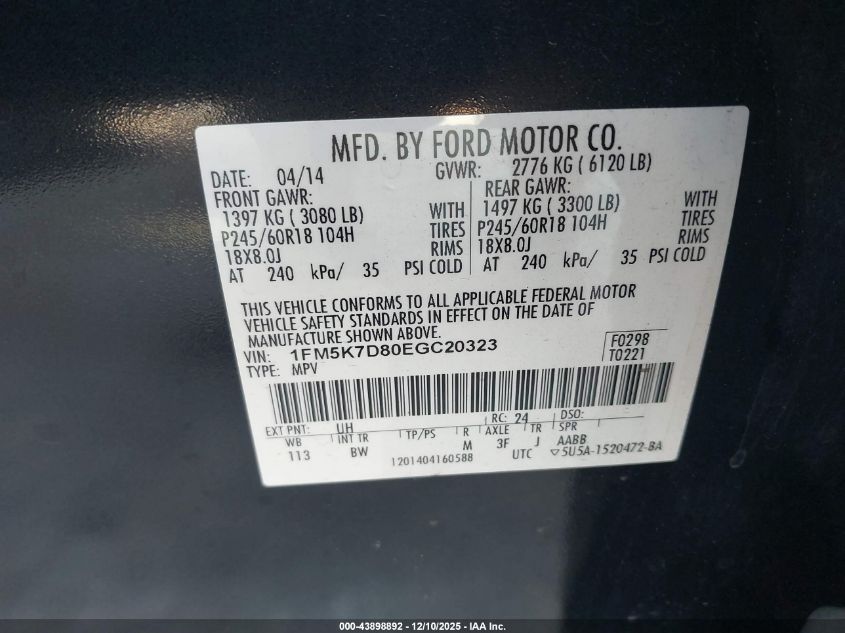 2014 Ford Explorer Xlt VIN: 1FM5K7D80EGC20323 Lot: 43898892