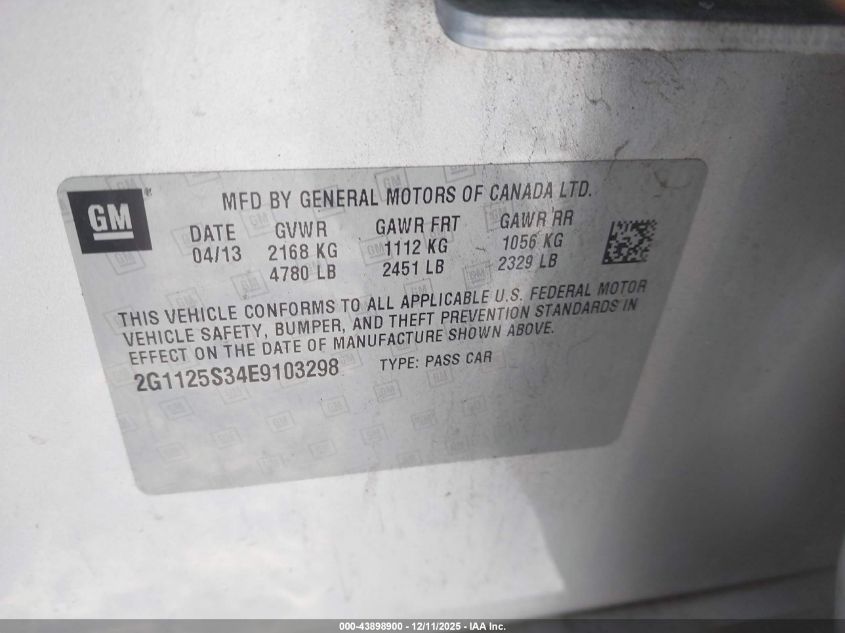 2014 Chevrolet Impala 2Lt VIN: 2G1125S34E9103298 Lot: 43898900