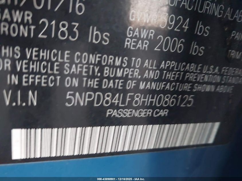 2017 Hyundai Elantra Se VIN: 5NPD84LF8HH086125 Lot: 43898901