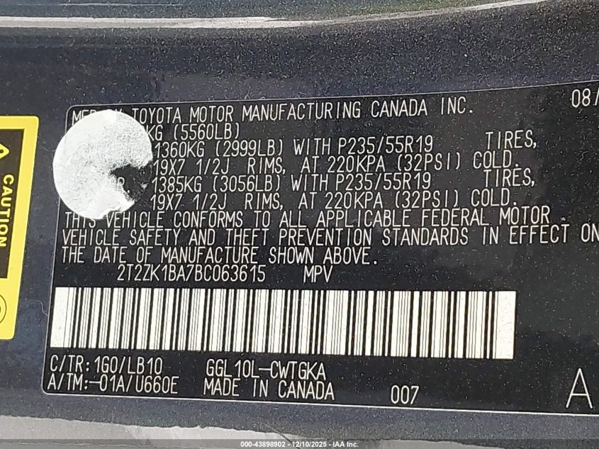 2011 Lexus Rx 350 VIN: 2T2ZK1BA7BC063615 Lot: 43898902