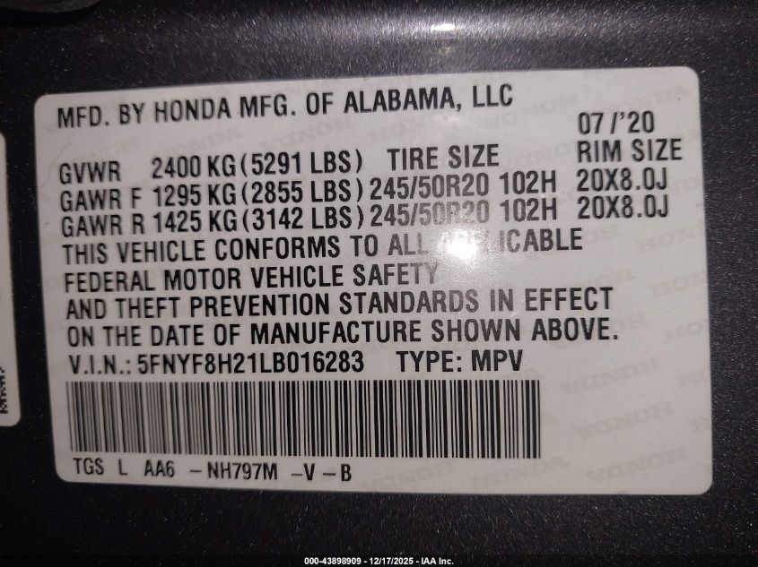 2020 Honda Passport Awd Sport VIN: 5FNYF8H21LB016283 Lot: 43898909