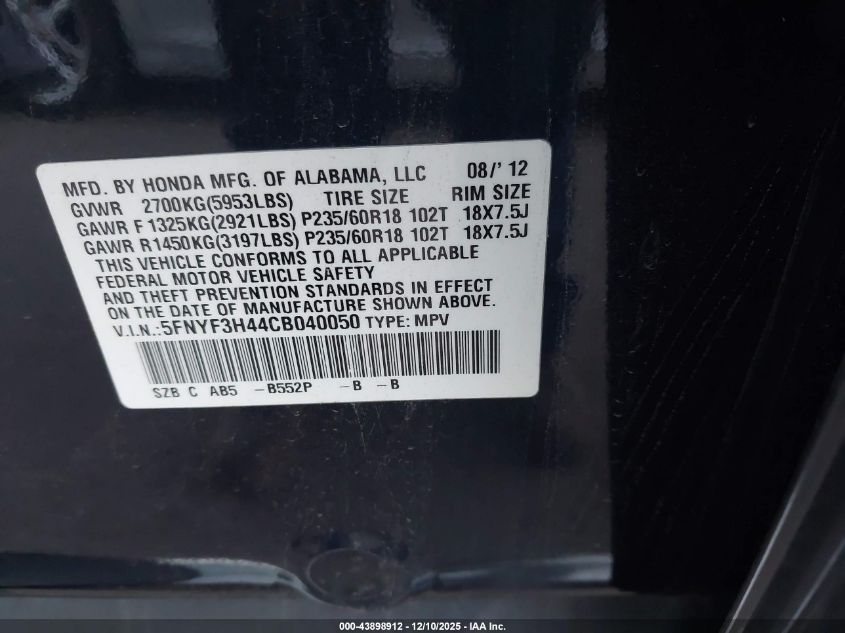 2012 Honda Pilot Ex VIN: 5FNYF3H44CB040050 Lot: 43898912