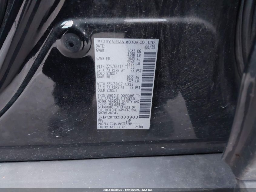 2019 Nissan Rogue S VIN: 5N1AT2MTXKC838903 Lot: 43898925