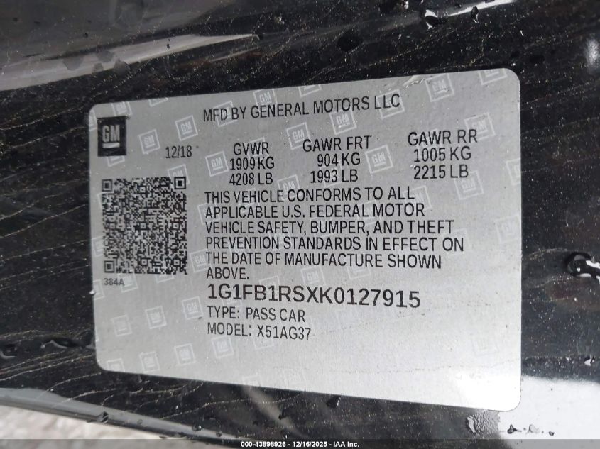 2019 Chevrolet Camaro 1Lt VIN: 1G1FB1RSXK0127915 Lot: 43898926