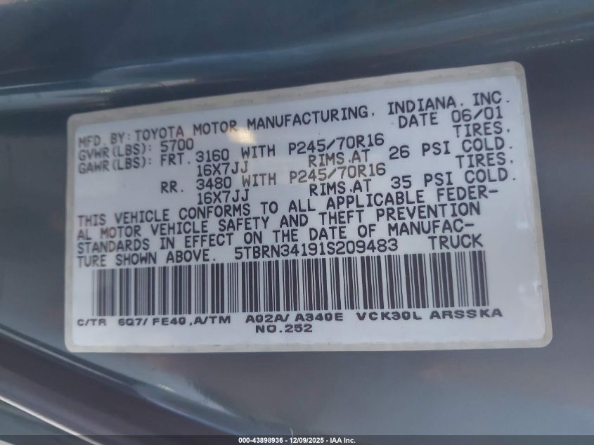 2001 Toyota Tundra Sr5 VIN: 5TBRN34191S209483 Lot: 43898936