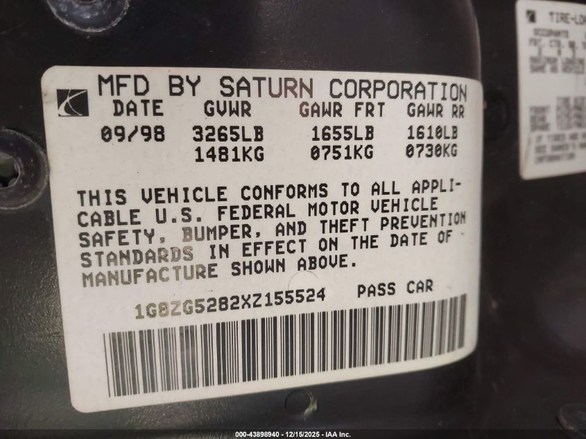 1999 Saturn Sl1 VIN: 1G8ZG5282XZ155524 Lot: 43898940