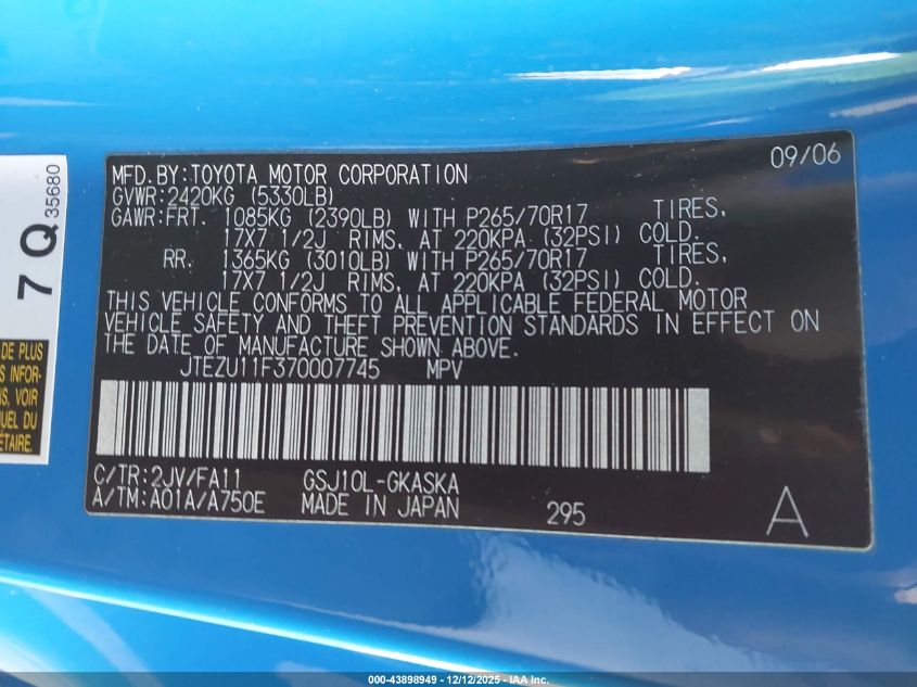 2007 Toyota Fj Cruiser VIN: JTEZU11F370007745 Lot: 43898949