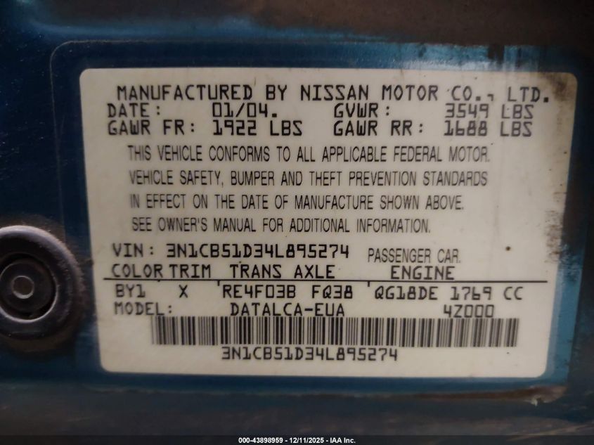 2004 Nissan Sentra 1.8 VIN: 3N1CB51D34L895274 Lot: 43898959