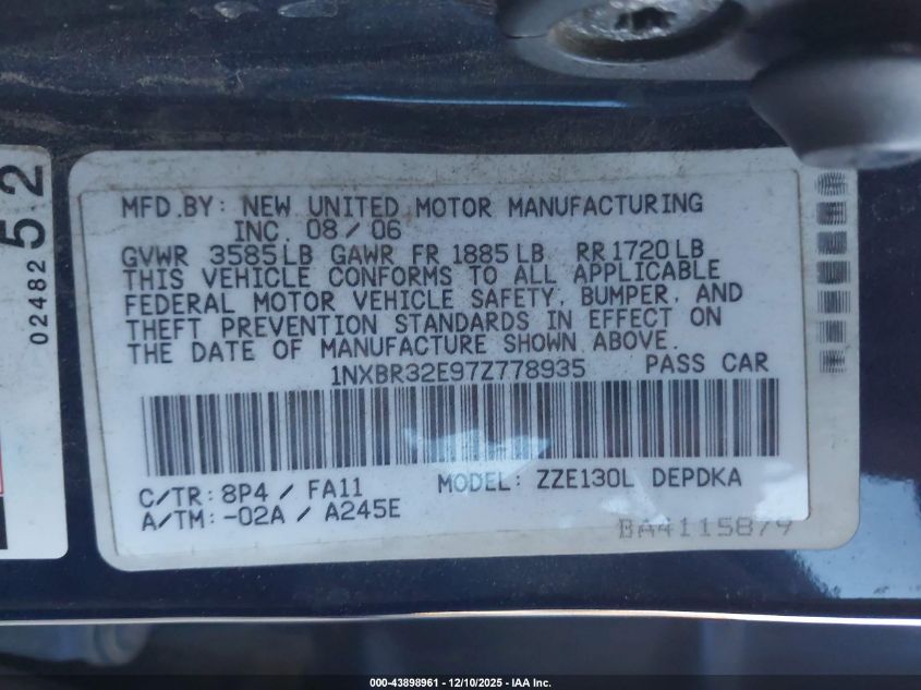 2007 Toyota Corolla Ce VIN: 1NXBR32E97Z778935 Lot: 43898961