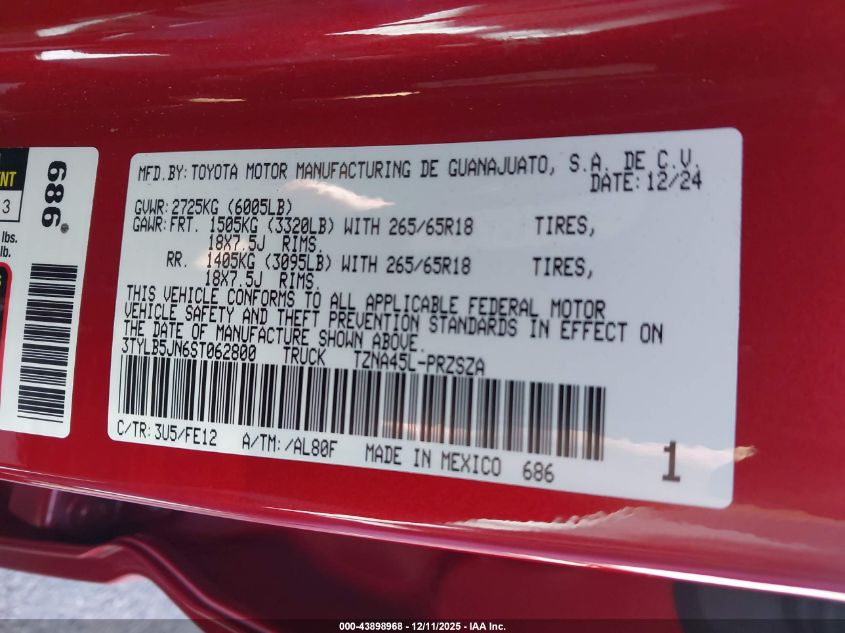 2025 Toyota Tacoma Trd Sport VIN: 3TYLB5JN6ST062800 Lot: 43898968