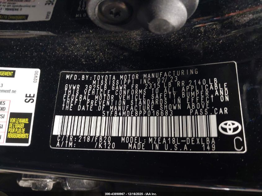 2023 Toyota Corolla Le VIN: 5YFB4MDE8PP016683 Lot: 43898967