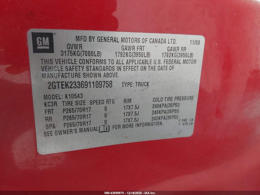 2009 GMC Sierra 1500 Sle VIN: 2GTEK233691109758 Lot: 43898970
