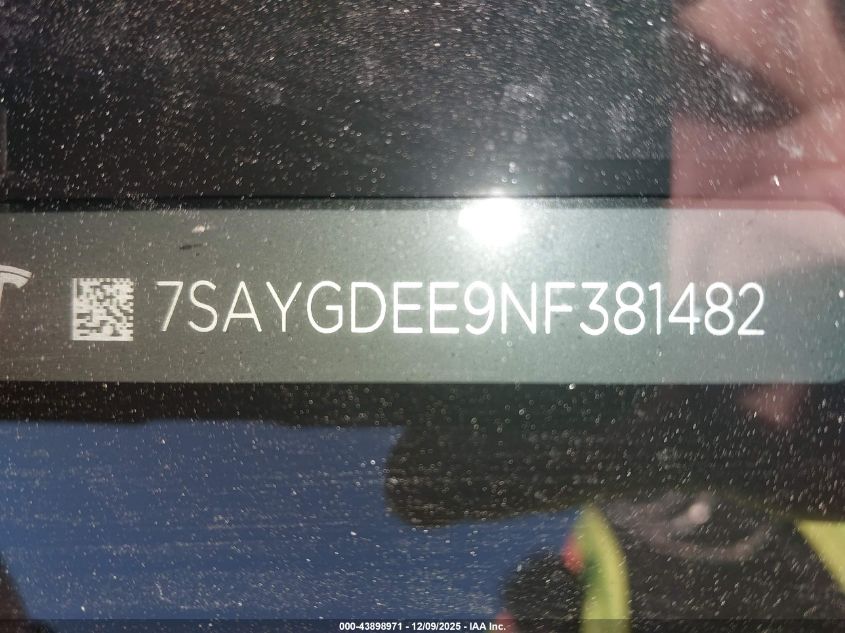 2022 Tesla Model Y Long Range Dual Motor All-Wheel Drive VIN: 7SAYGDEE9NF381482 Lot: 43898971