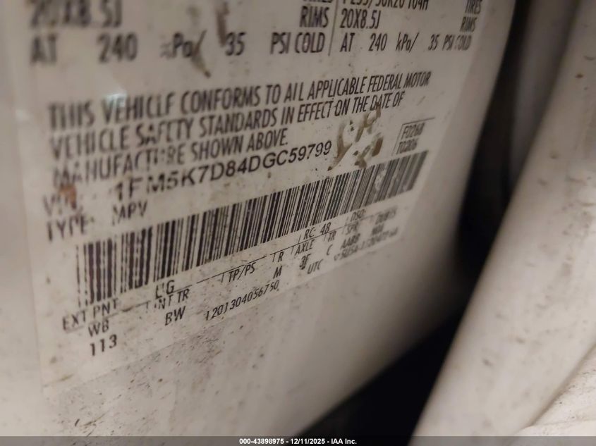 2013 Ford Explorer Xlt VIN: 1FM5K7D84DGC59799 Lot: 43898975