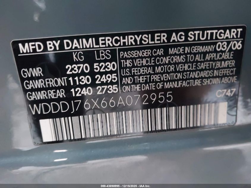 2006 Mercedes-Benz Cls 55 Amg VIN: WDDDJ76X66A072955 Lot: 43898995