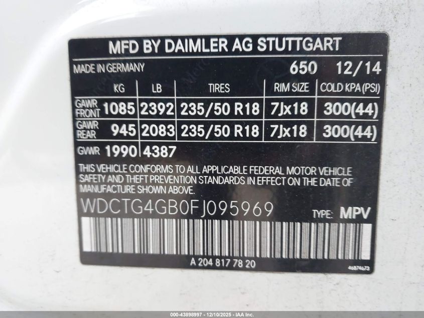 2015 Mercedes-Benz Gla 250 4Matic VIN: WDCTG4GB0FJ095969 Lot: 43898997