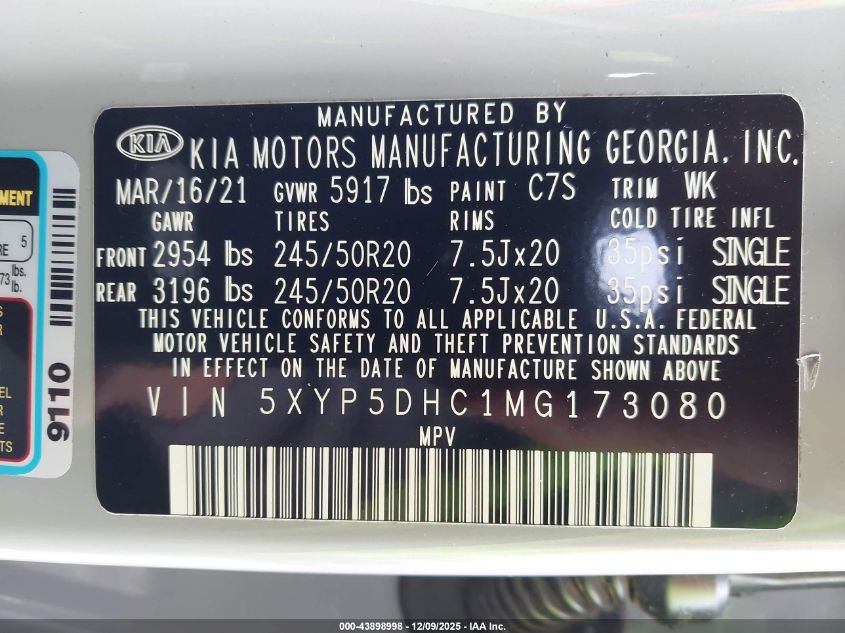 2021 Kia Telluride Sx VIN: 5XYP5DHC1MG173080 Lot: 43898998