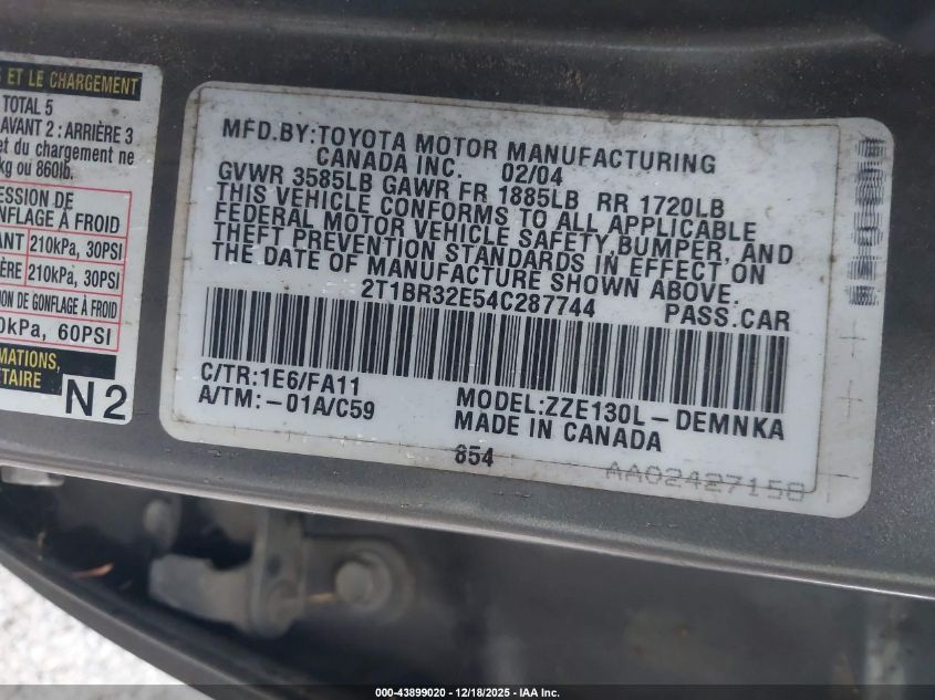 2004 Toyota Corolla Le VIN: 2T1BR32E54C287744 Lot: 43899020