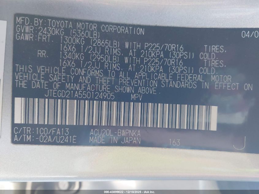 2005 Toyota Highlander VIN: JTEGD21A550124905 Lot: 43899022