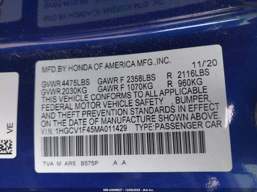 2021 Honda Accord Sport Special Edition VIN: 01HGCV1F45MA01142 Lot: 43899027