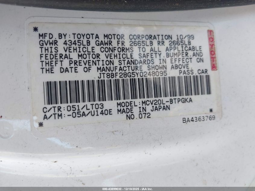 2000 Lexus Es 300 VIN: JT8BF28G5Y0248095 Lot: 43899030