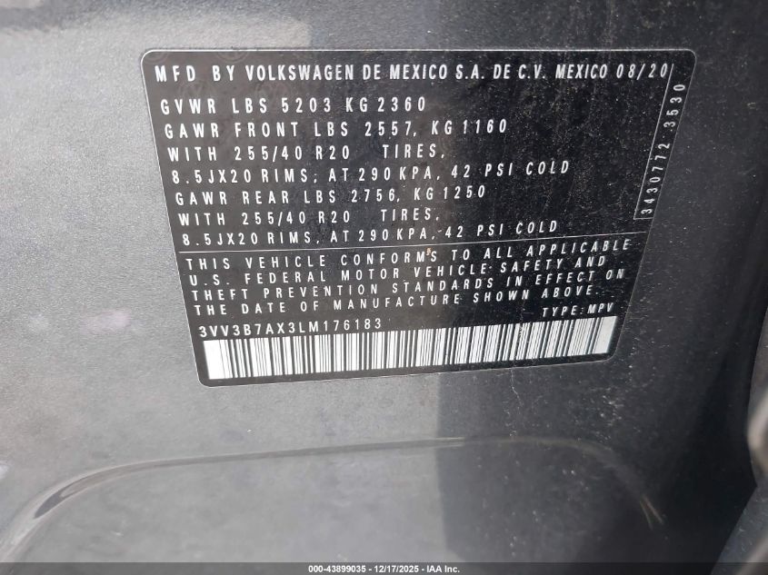 2020 Volkswagen Tiguan 2.0T Se/2.0T Se R-Line Black/2.0T Sel VIN: 3VV3B7AX3LM176183 Lot: 43899035